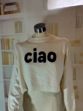 Sincerely Jules Cream Cropped Sweater with Black "ciao"